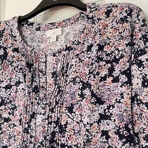 J. Jill Navy Floral Pintuck Front Tunic Top with Pink and Lavender Accent